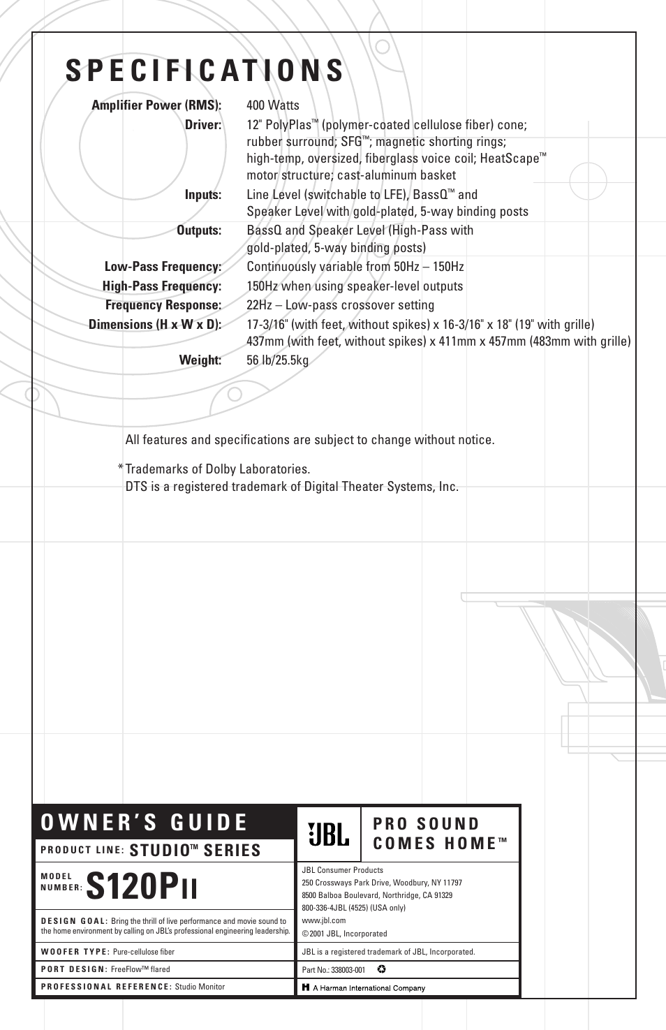 JBL STUDIOTM SERIES S120PII User Manual | 8 pages