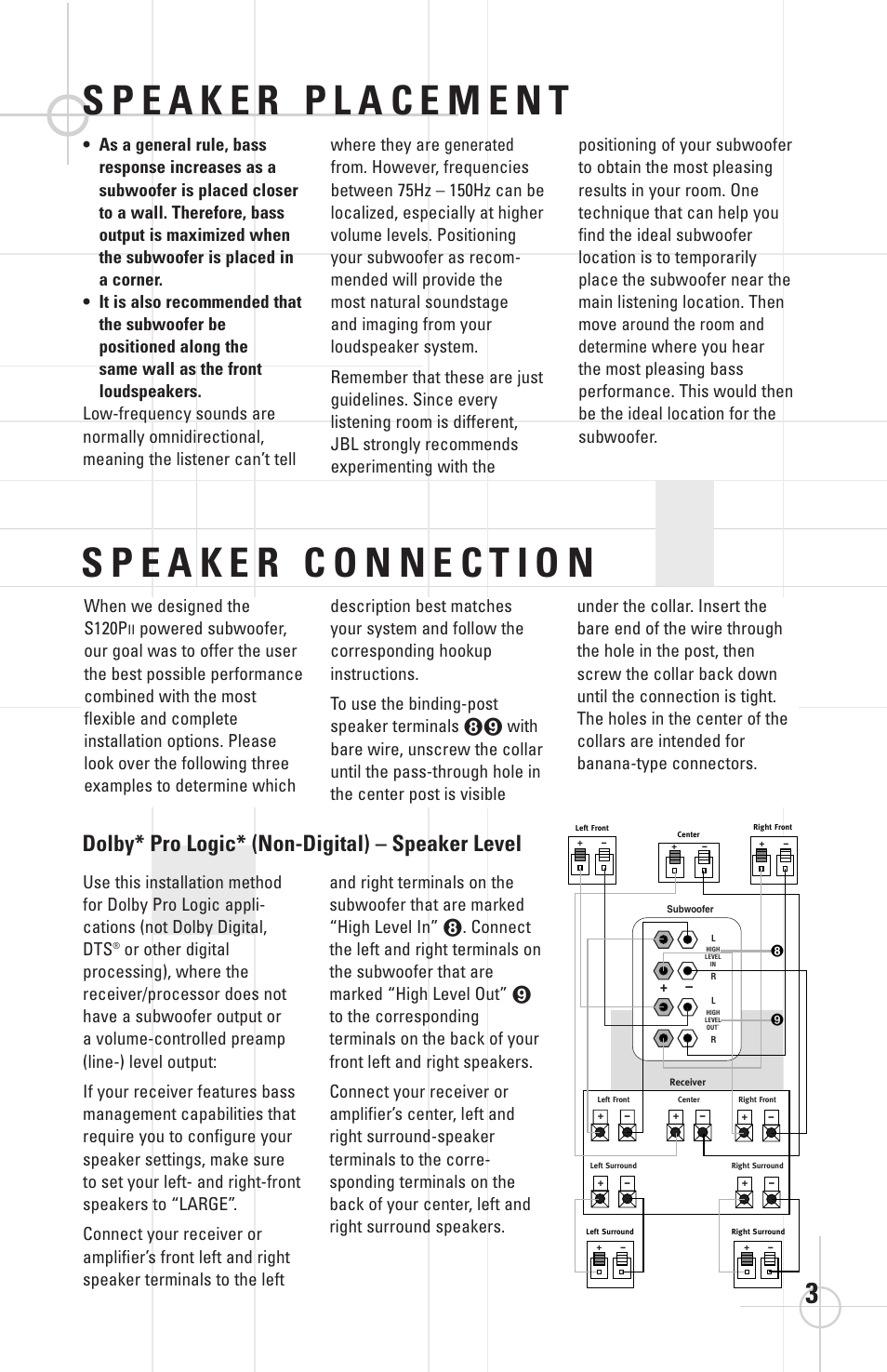 Dolby* pro logic* (non-digital) – speaker level | JBL STUDIOTM SERIES S120PII User Manual | Page 4 / 8