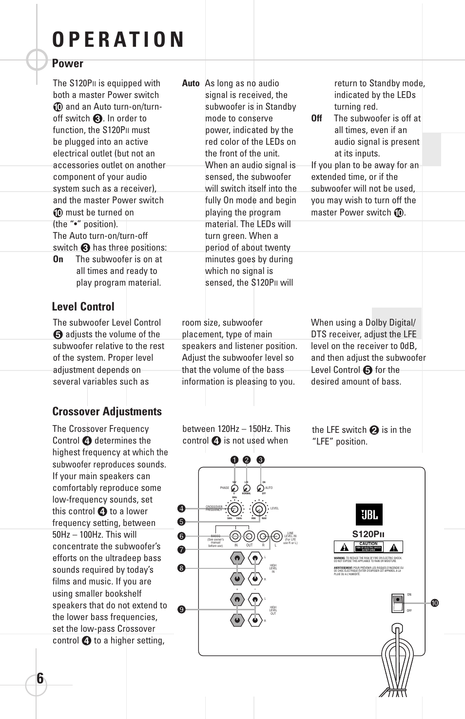 Crossover adjustments, Level control power, The s120p | S120p | JBL STUDIOTM SERIES S120PII User Manual | Page 7 / 8