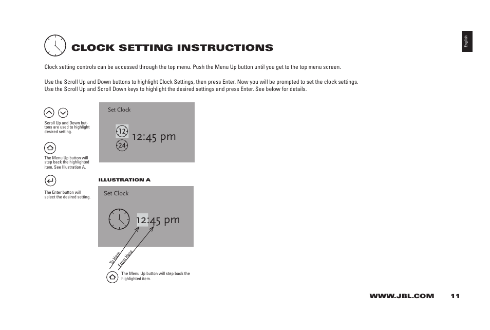 45 pm, Clock setting instructions | JBL 400IHD User Manual | Page 11 / 23