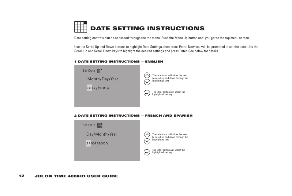 Date setting instructions | JBL 400IHD User Manual | Page 12 / 23