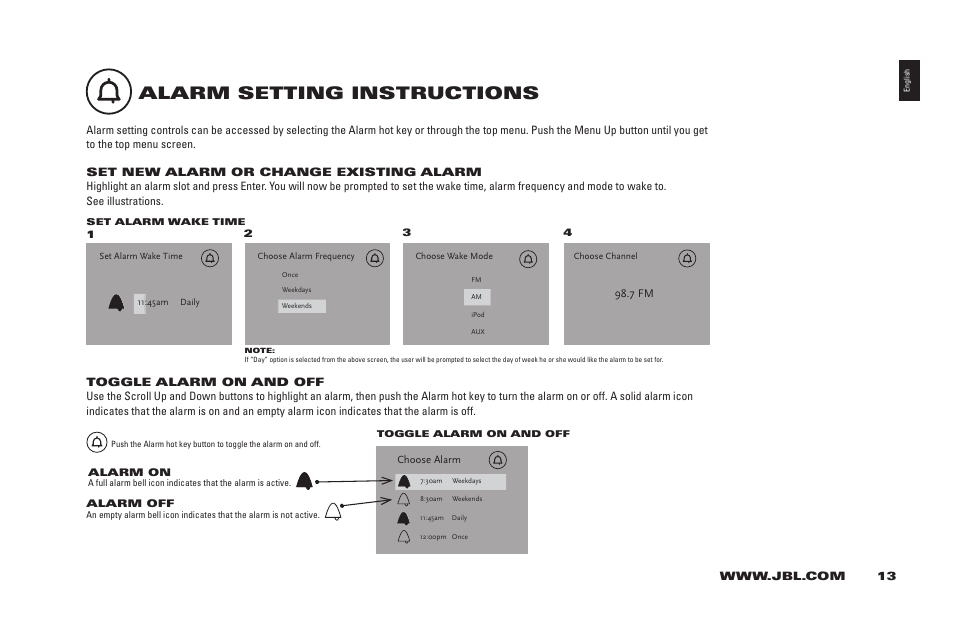 Alarm setting instructions | JBL 400IHD User Manual | Page 13 / 23