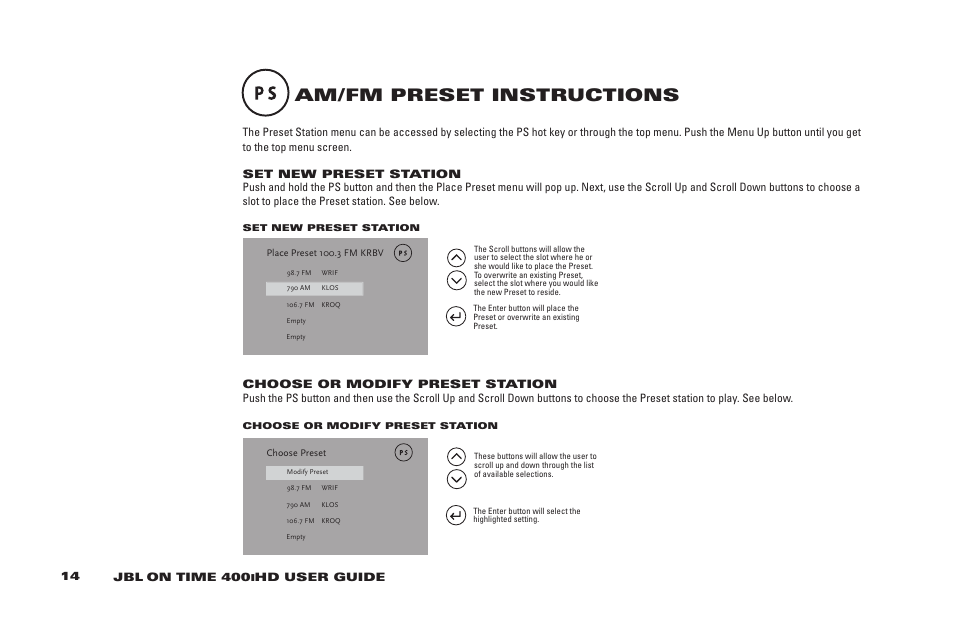 Am/fm preset instructions | JBL 400IHD User Manual | Page 14 / 23