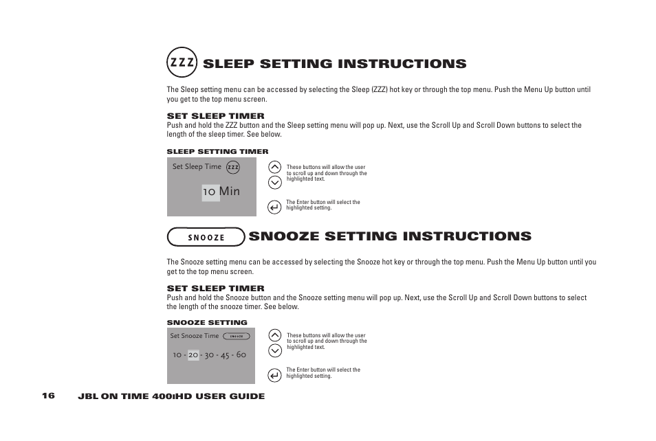 10 min, Sleep setting instructions, Snooze setting instructions | JBL 400IHD User Manual | Page 16 / 23