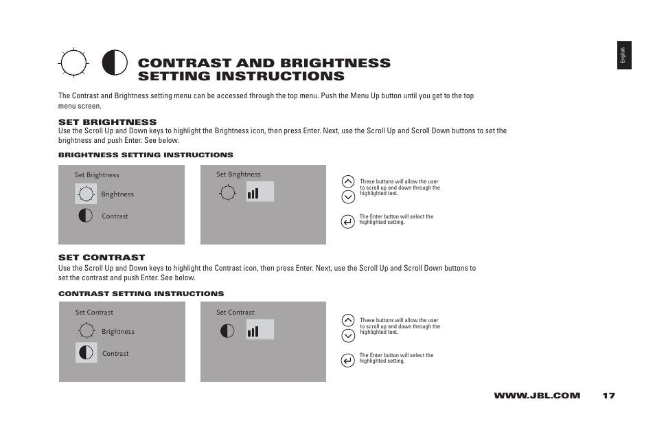 Contrast and brightness setting instructions | JBL 400IHD User Manual | Page 17 / 23