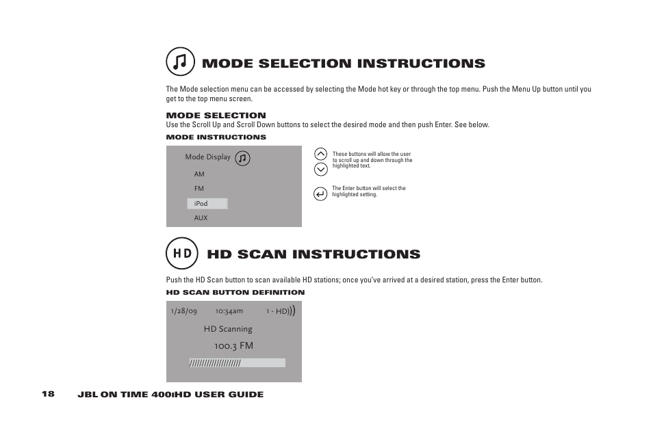 Mode selection instructions, Hd scan instructions | JBL 400IHD User Manual | Page 18 / 23