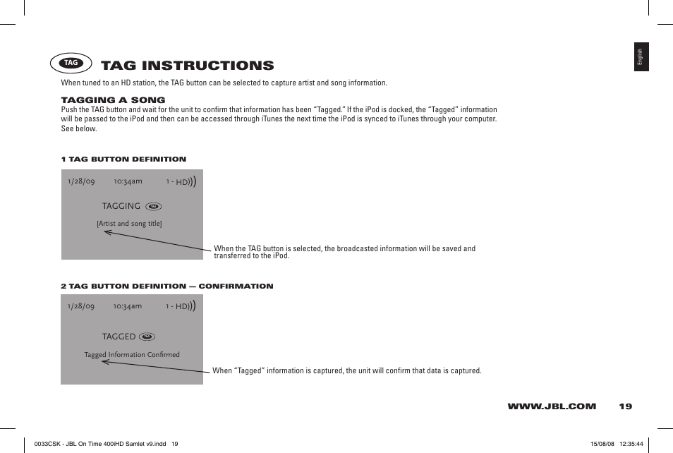 Tag instructions | JBL 400IHD User Manual | Page 19 / 23