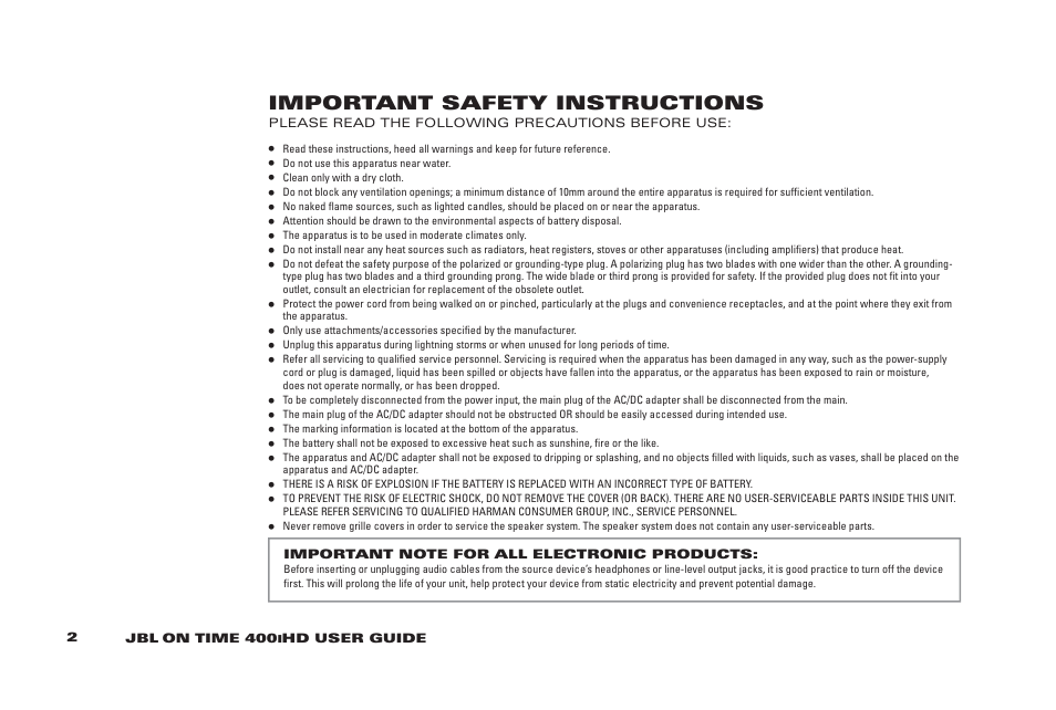 Important safety instructions | JBL 400IHD User Manual | Page 2 / 23