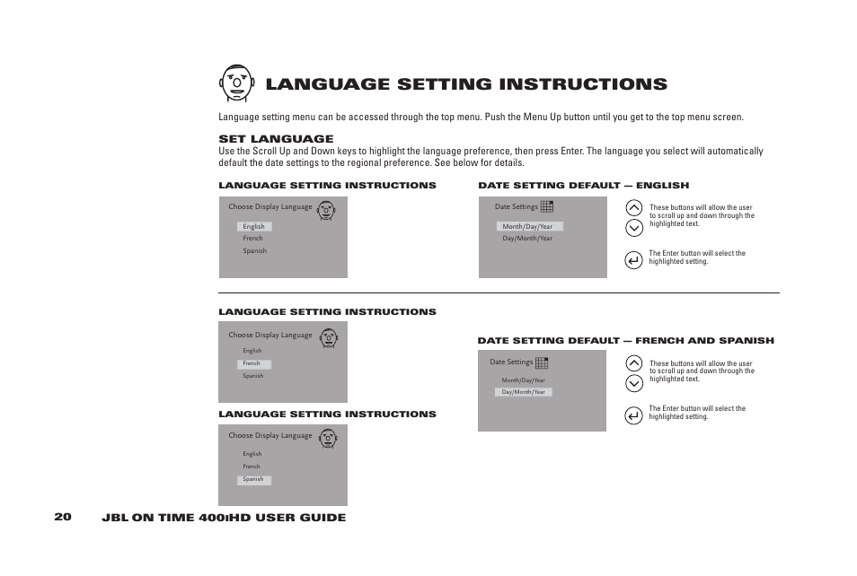 Language setting instructions | JBL 400IHD User Manual | Page 20 / 23