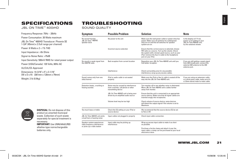 Specifications troubleshooting | JBL 400IHD User Manual | Page 21 / 23