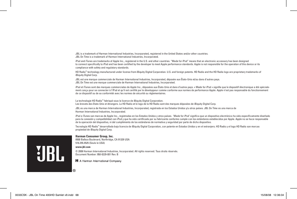 JBL 400IHD User Manual | Page 23 / 23