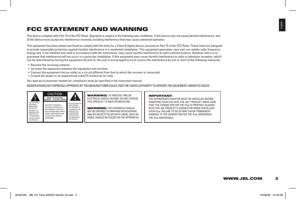 Fcc statement and warning | JBL 400IHD User Manual | Page 3 / 23