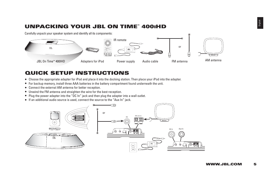 Unpacking your jbl on time, Quick setup instructions | JBL 400IHD User Manual | Page 5 / 23