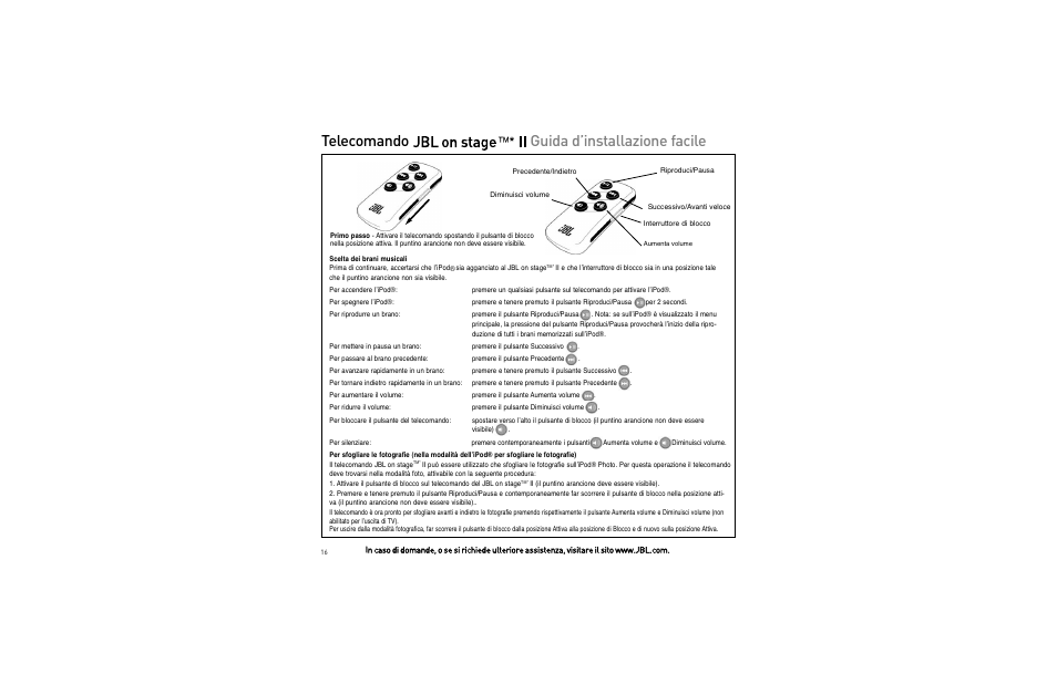 Telecomando guida d’installazione facile | JBL On Stage II Remote User Manual | Page 15 / 22