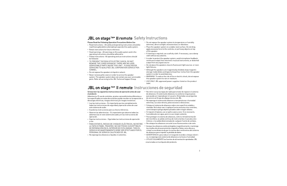 Safety instructions instrucciones de seguridad | JBL On Stage II Remote User Manual | Page 3 / 22