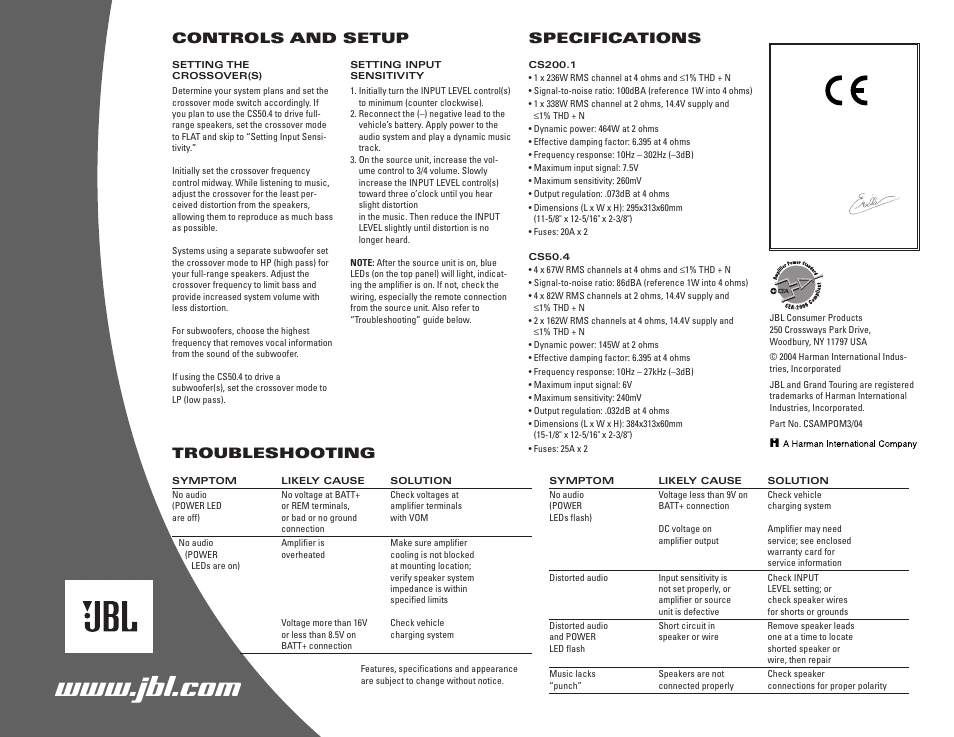 Troubleshooting, Controls and setup, Specifications | JBL CS50.4 User Manual | Page 4 / 4