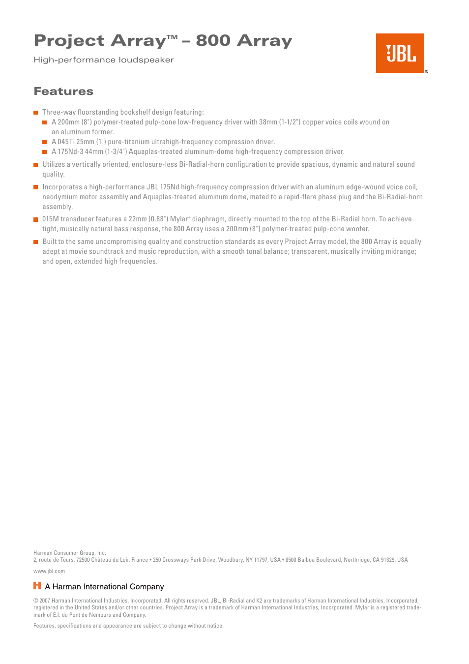 Project array, 800 array, Features | JBL 800 ARRAY User Manual | Page 2 / 2