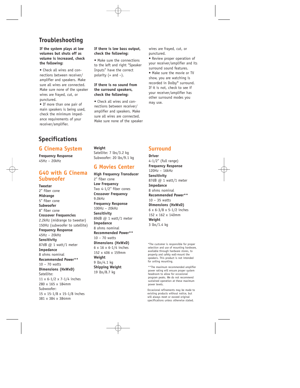 Specifications, Troubleshooting, G cinema system | G40 with g cinema subwoofer, G movies center, Surround | JBL G Cinema User Manual | Page 5 / 6