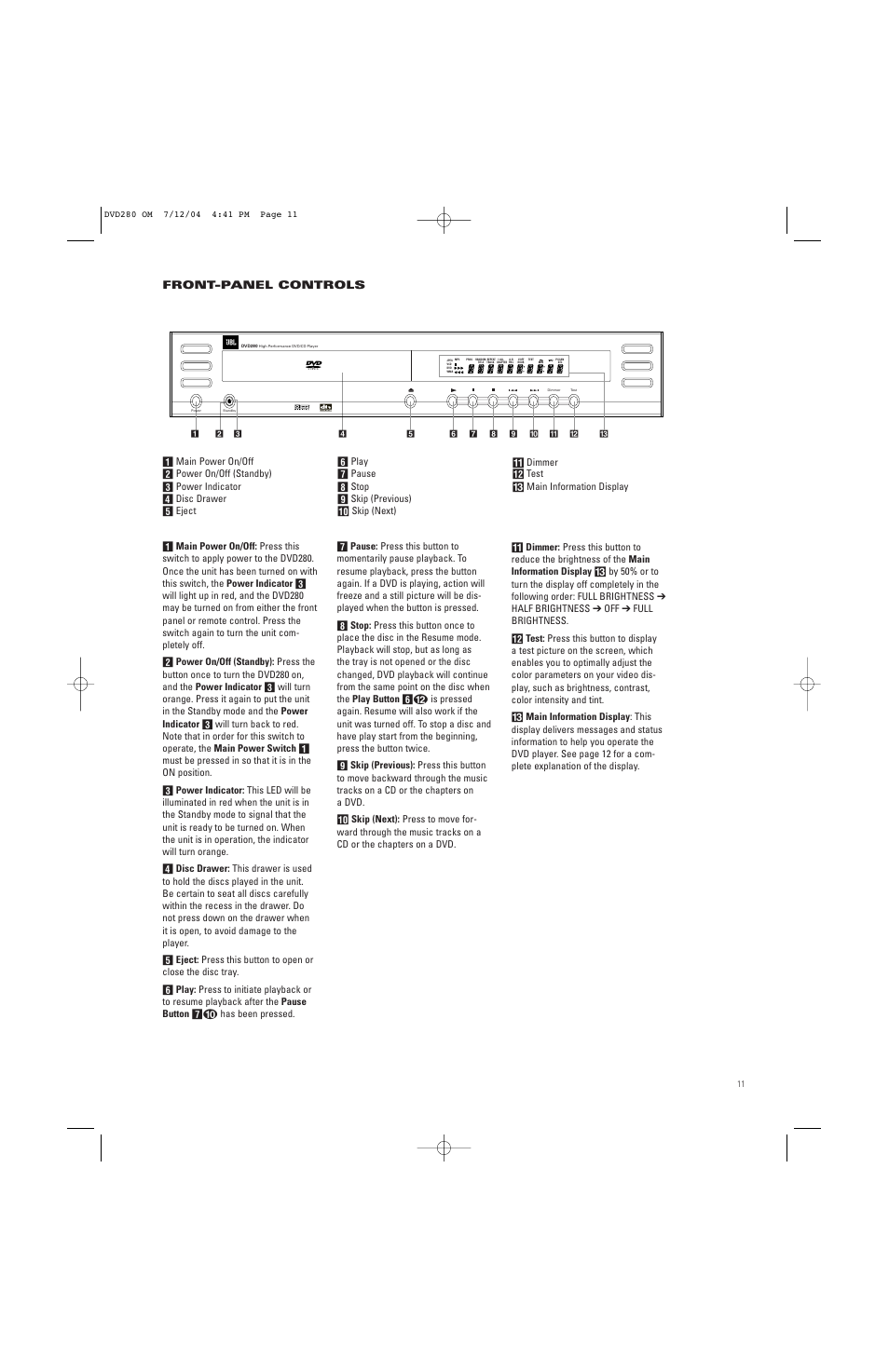 Front-panel controls | JBL DVD280 User Manual | Page 11 / 48