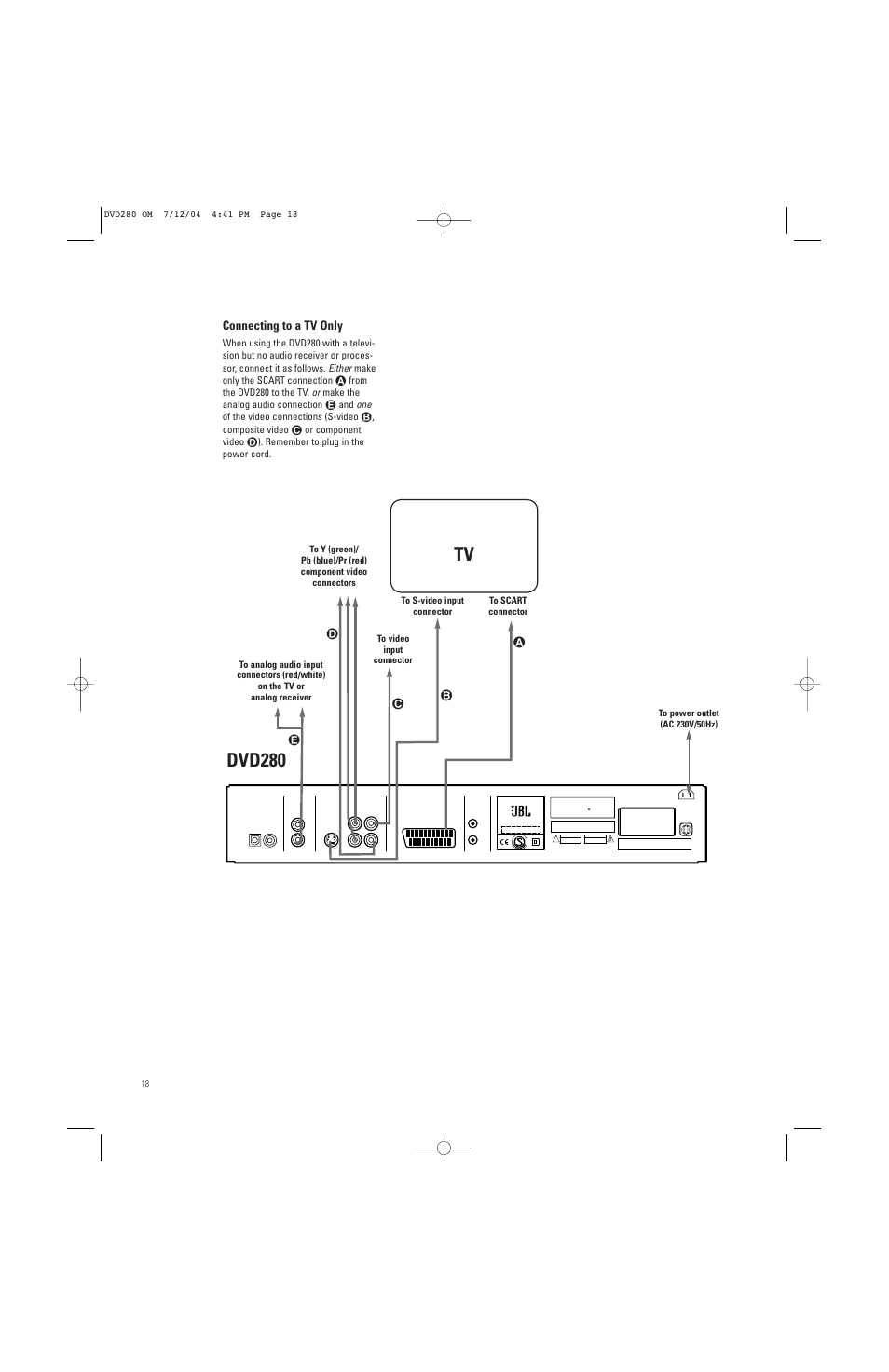 Dvd280, Risk of electric shock do not open, Risque d'electrocution ne pas ouvrir | Connecting to a tv only, Е∫ з, Either | JBL DVD280 User Manual | Page 18 / 48