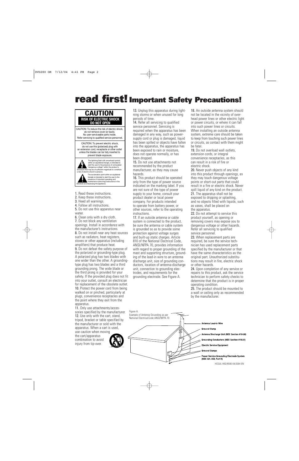 Read first, Important safety precautions, Caution | JBL DVD280 User Manual | Page 2 / 48