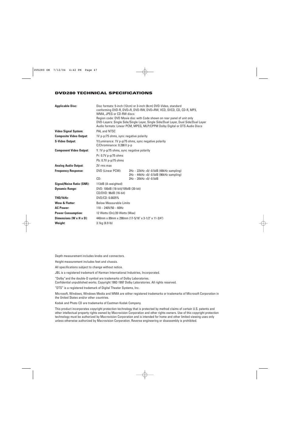 JBL DVD280 User Manual | Page 47 / 48