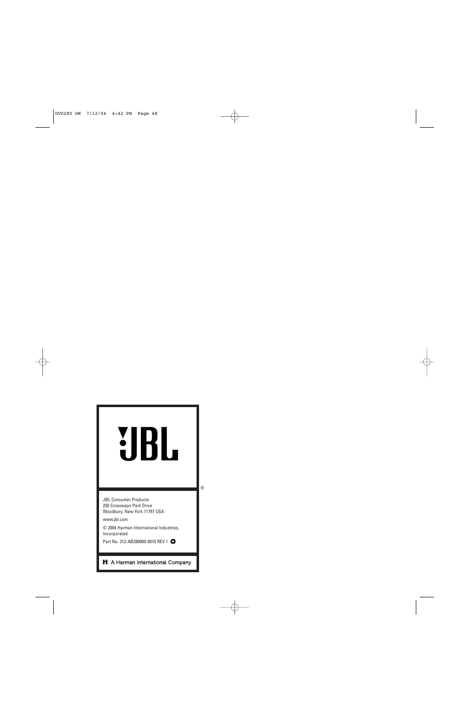 JBL DVD280 User Manual | Page 48 / 48