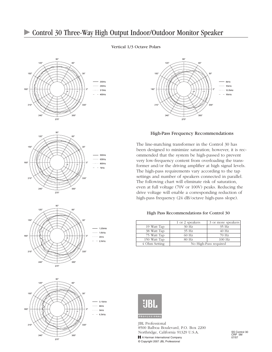 High-pass frequency recommendations | JBL Control 30 User Manual | Page 4 / 4