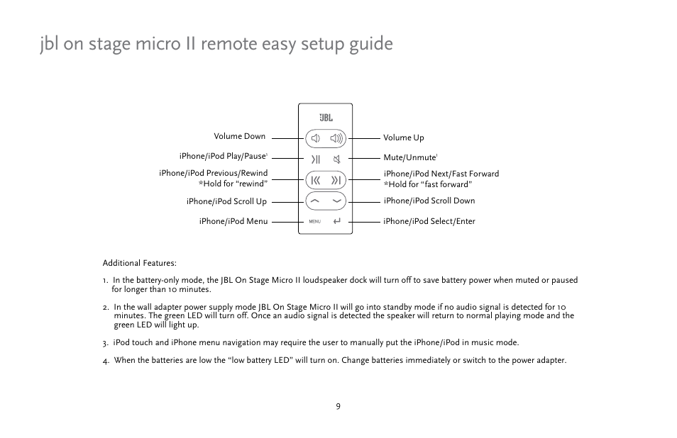 Jbl on stage micro ii remote easy setup guide | JBL ON Stage Micro II User Manual | Page 9 / 10