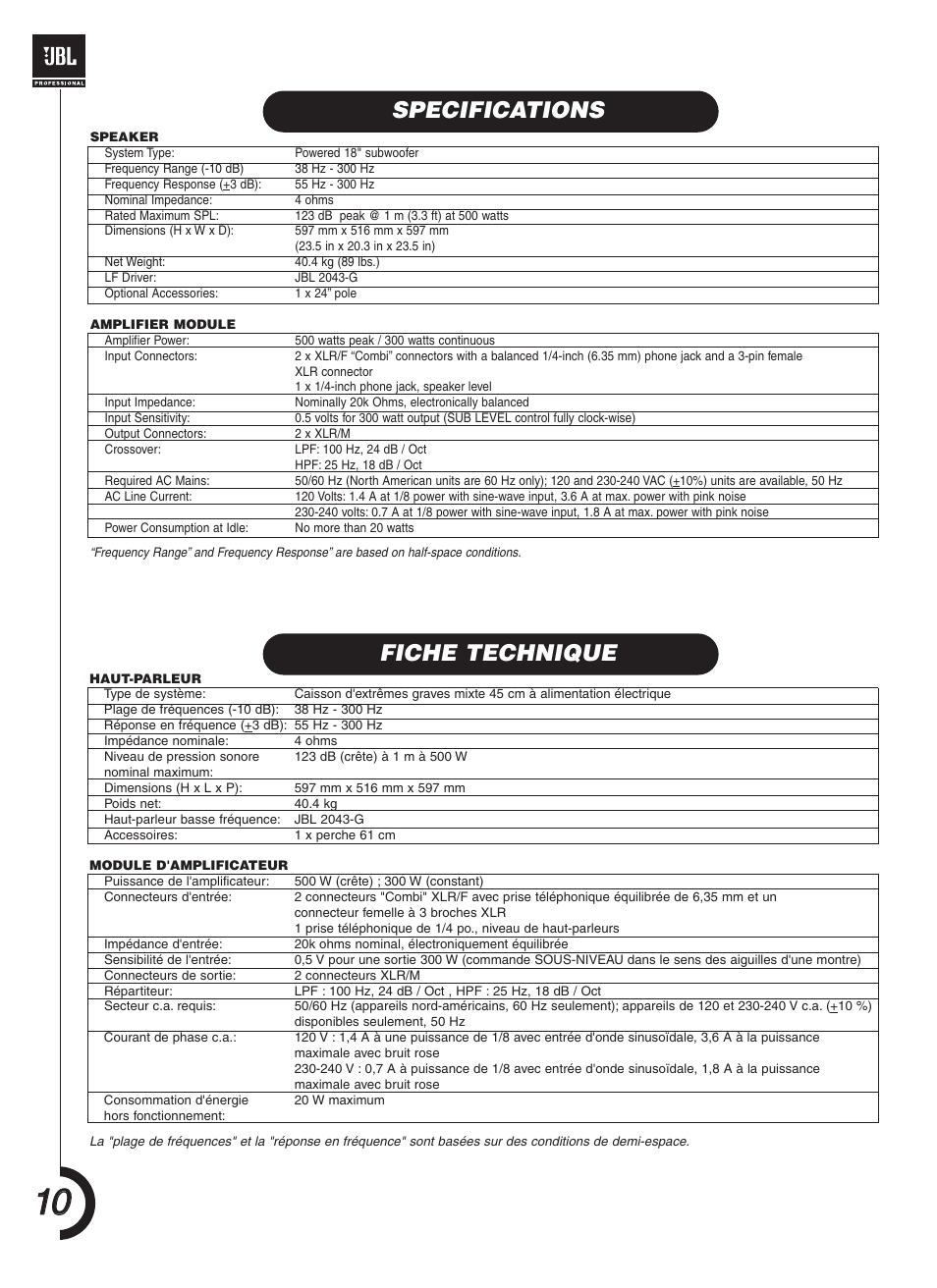 Specifications, Fiche technique | JBL JRX118SP User Manual | Page 10 / 20