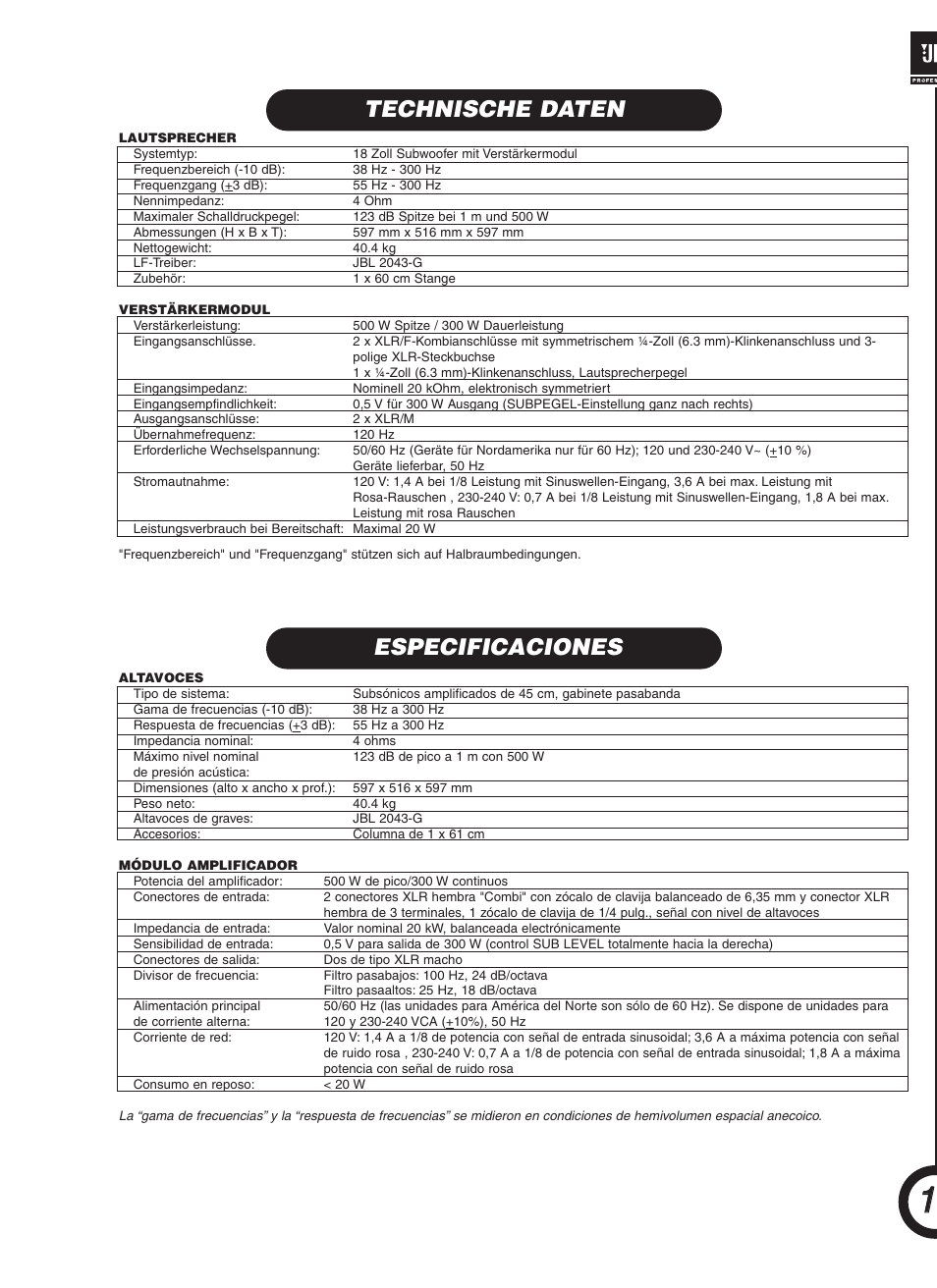 Technische daten especificaciones | JBL JRX118SP User Manual | Page 11 / 20