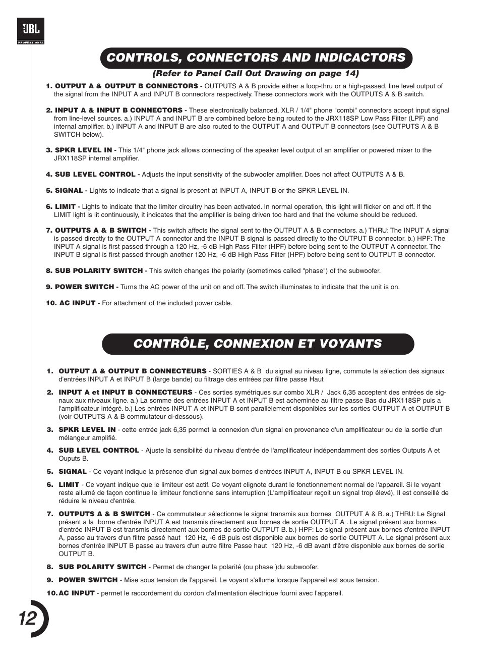 Contrôle, connexion et voyants, Controls, connectors and indicactors | JBL JRX118SP User Manual | Page 12 / 20