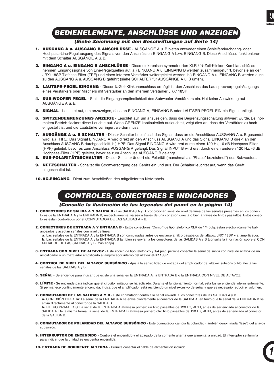 Controles, conectores e indicadores, Bedienelemente, anschlüsse und anzeigen | JBL JRX118SP User Manual | Page 13 / 20