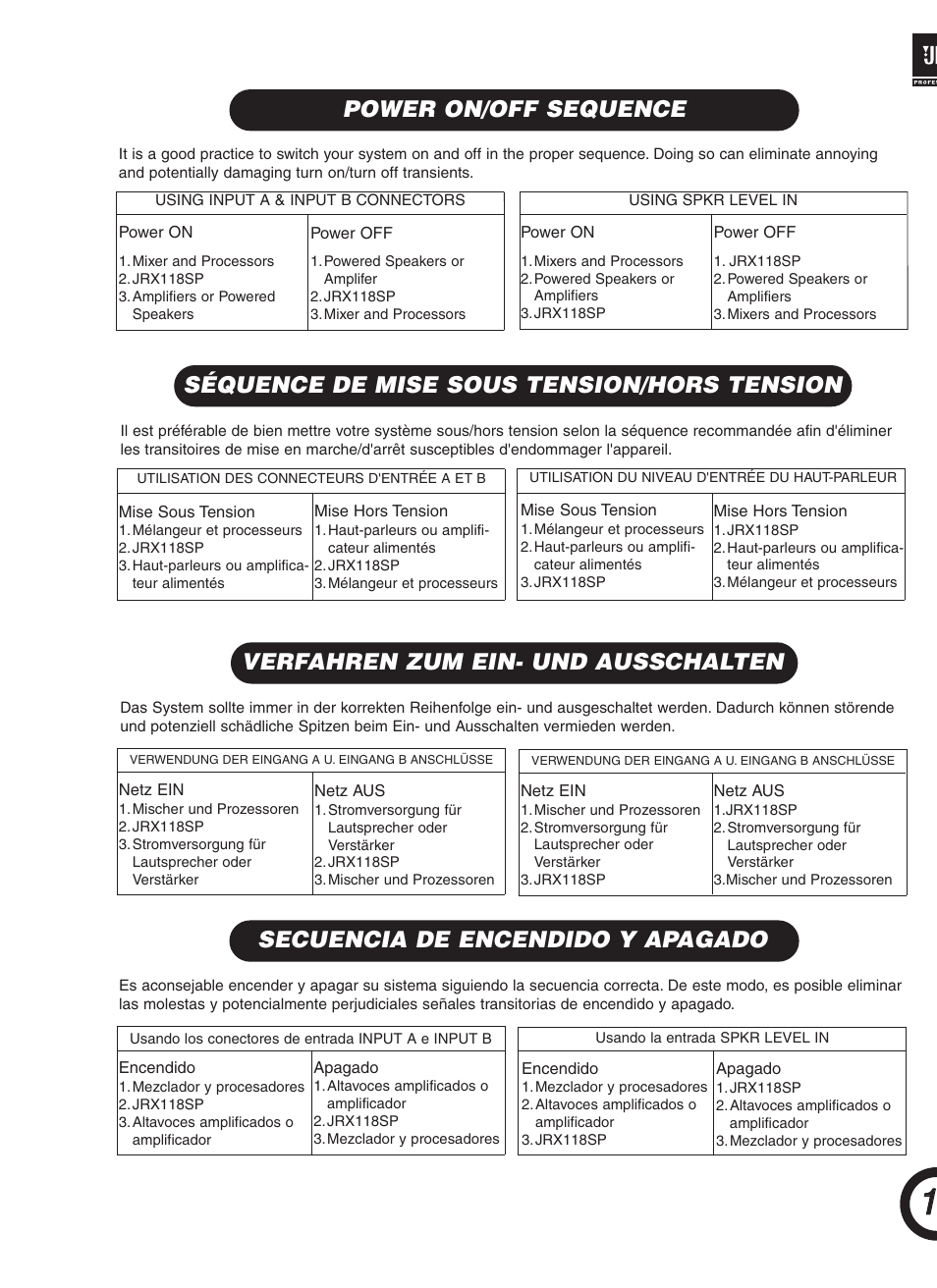 Verfahren zum ein- und ausschalten, Secuencia de encendido y apagado | JBL JRX118SP User Manual | Page 17 / 20