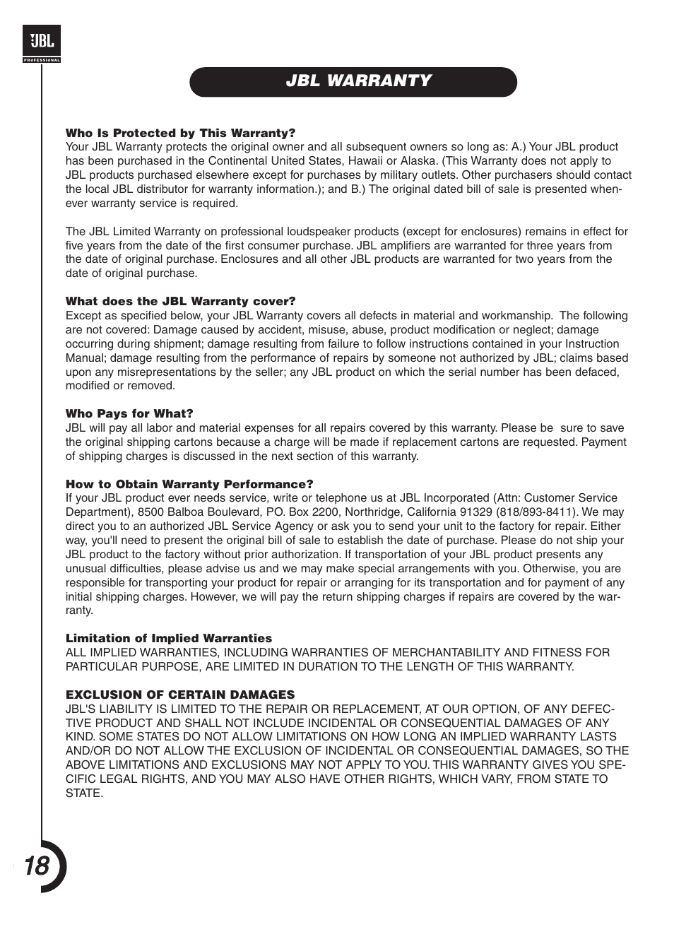 JBL JRX118SP User Manual | Page 18 / 20