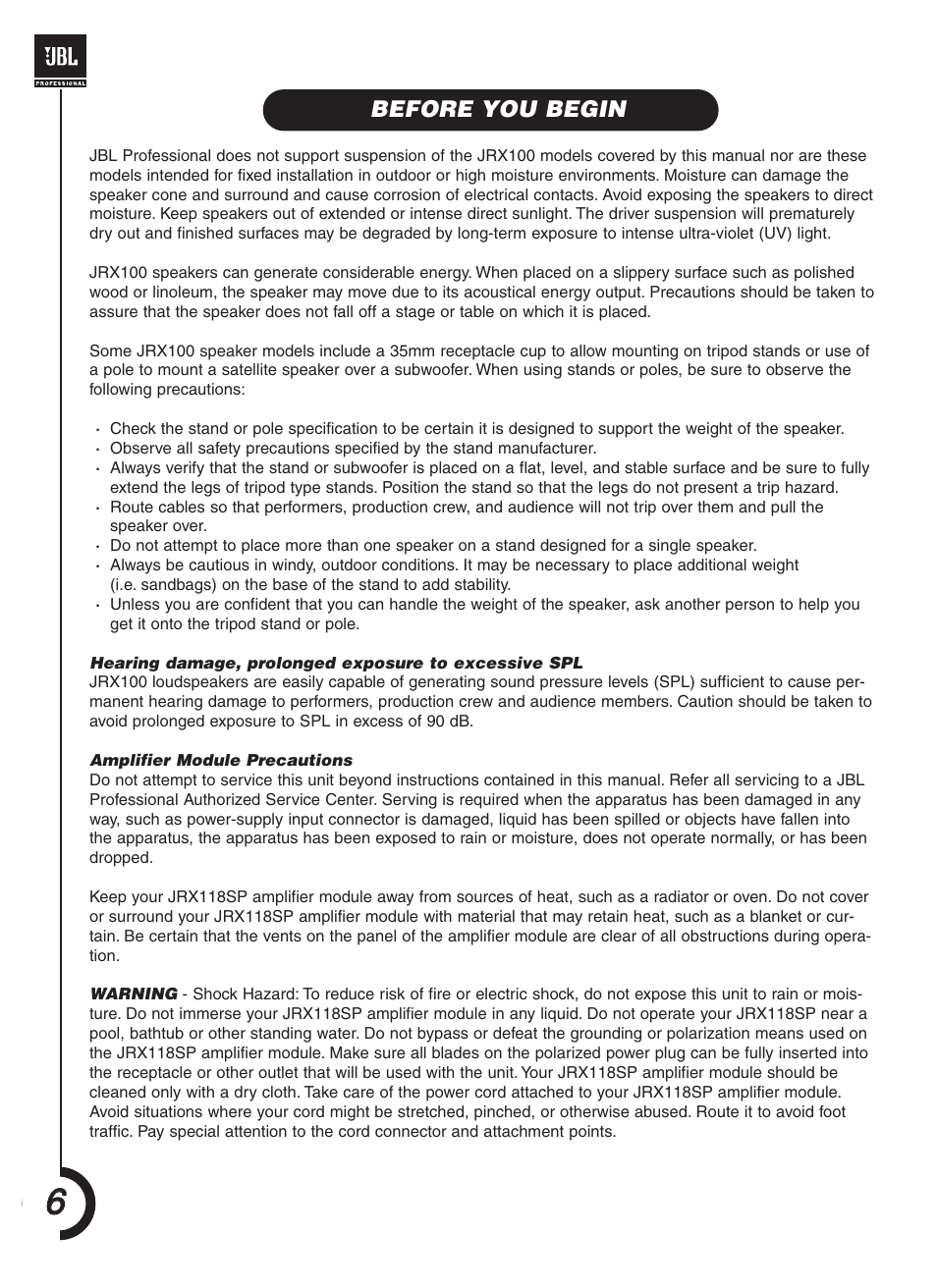 Before you begin | JBL JRX118SP User Manual | Page 6 / 20