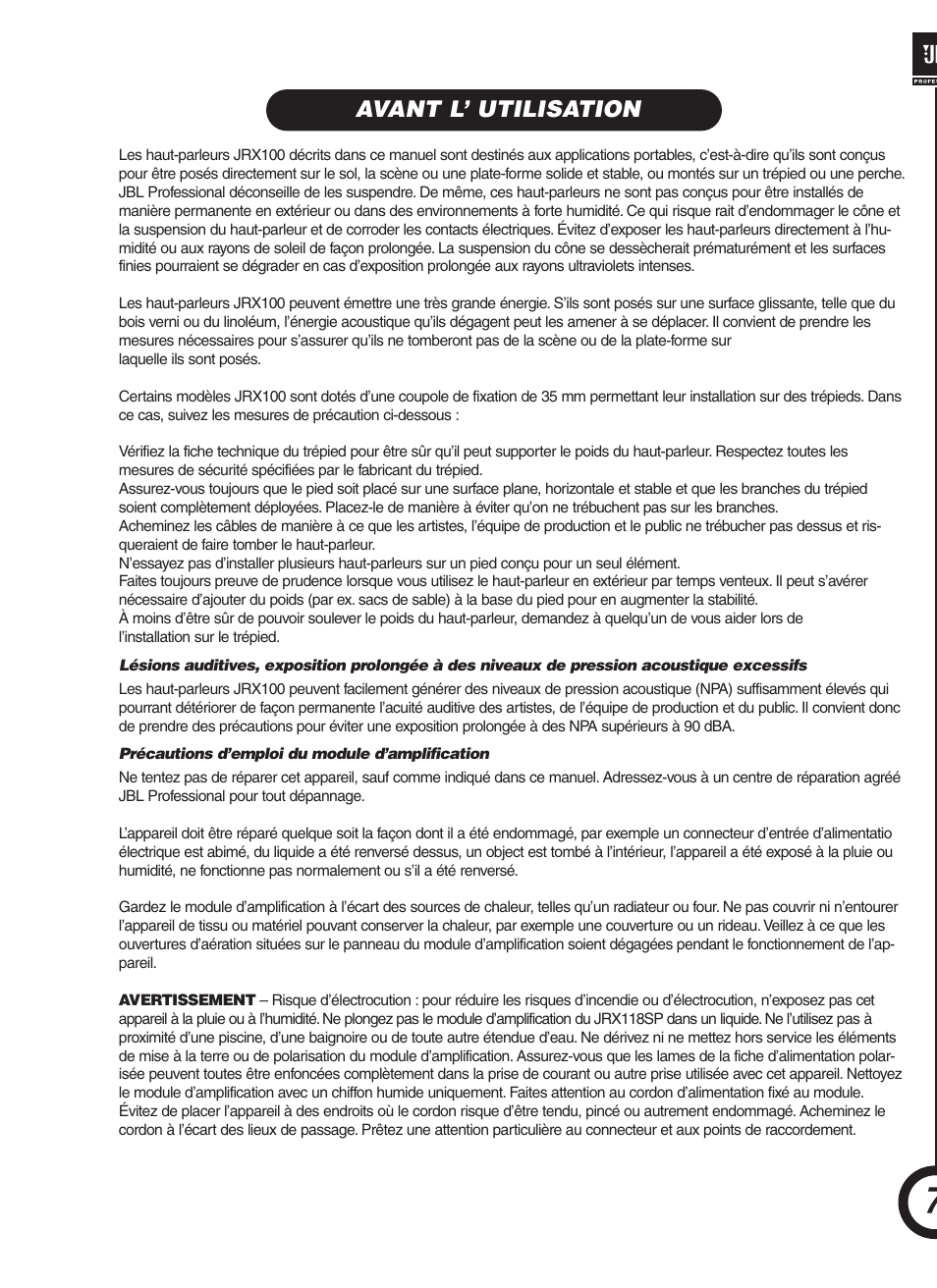 Avant l’ utilisation | JBL JRX118SP User Manual | Page 7 / 20