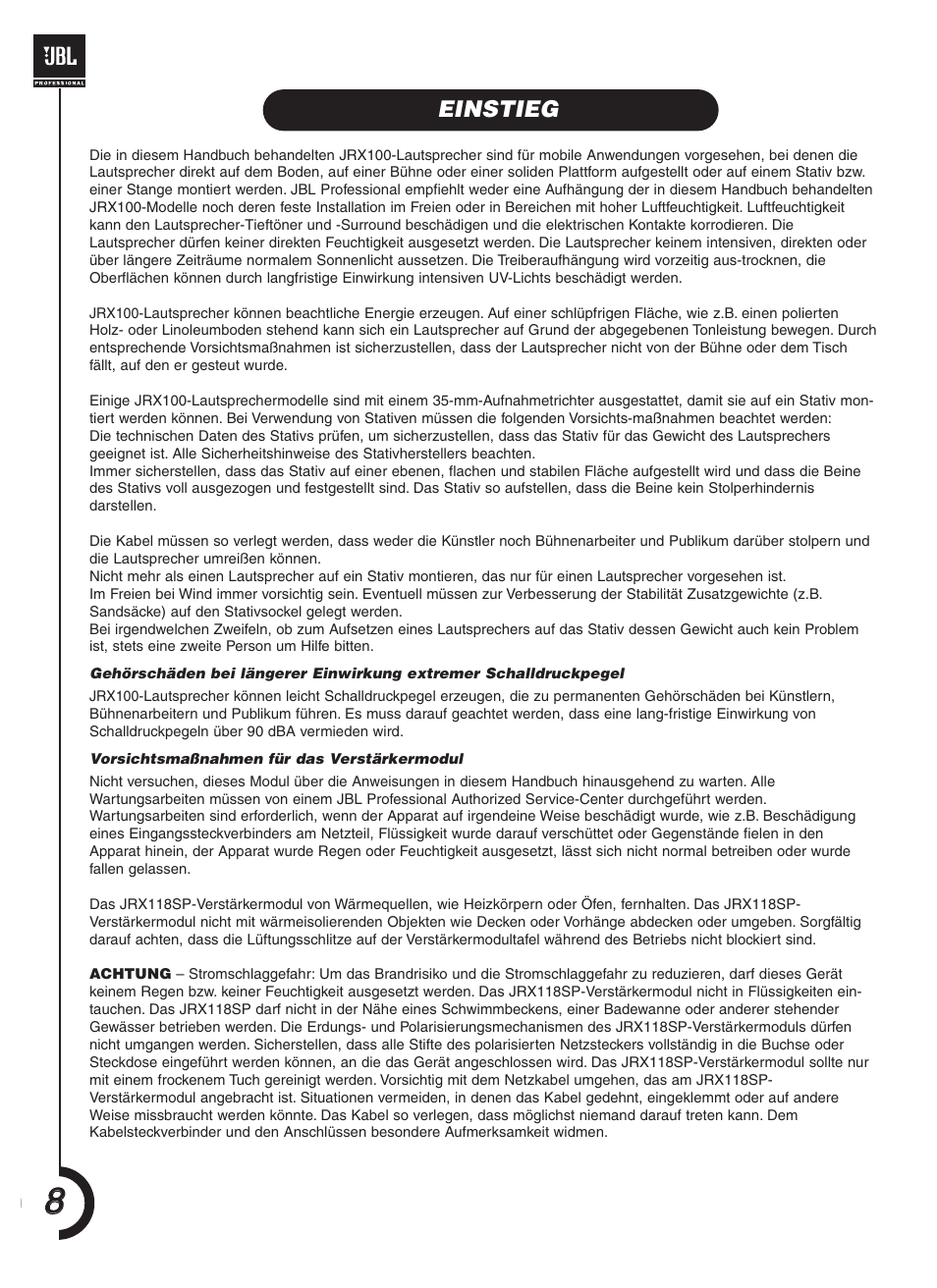 Einstieg | JBL JRX118SP User Manual | Page 8 / 20