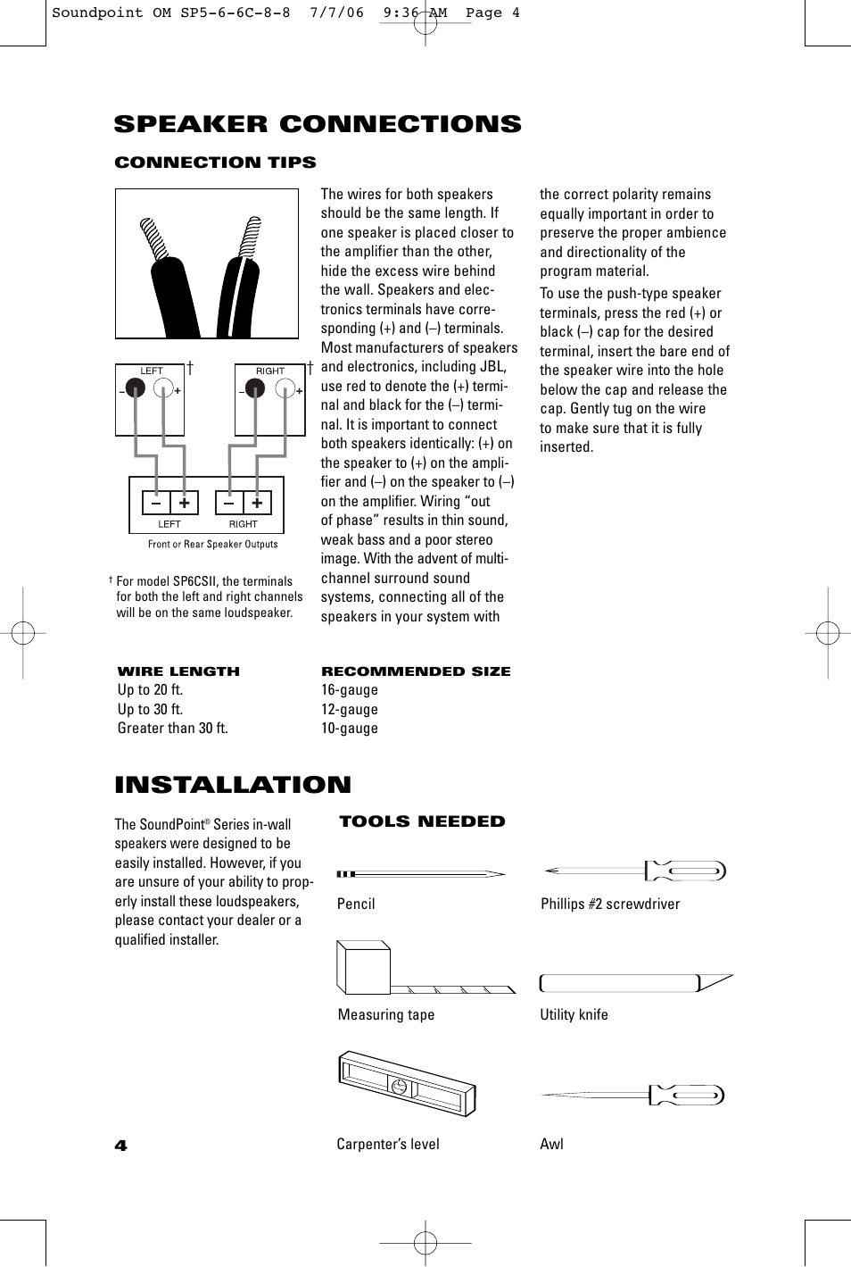 Installation, Speaker connections | JBL SOUNDPOINT SERIES SP8II User Manual | Page 4 / 8