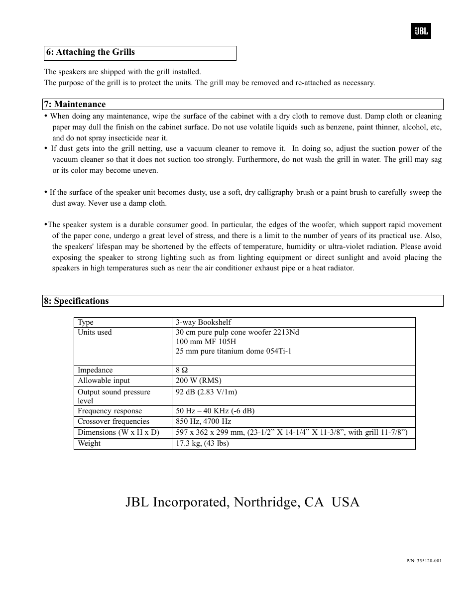 Jbl incorporated, northridge, ca usa | JBL 4318 User Manual | Page 3 / 3