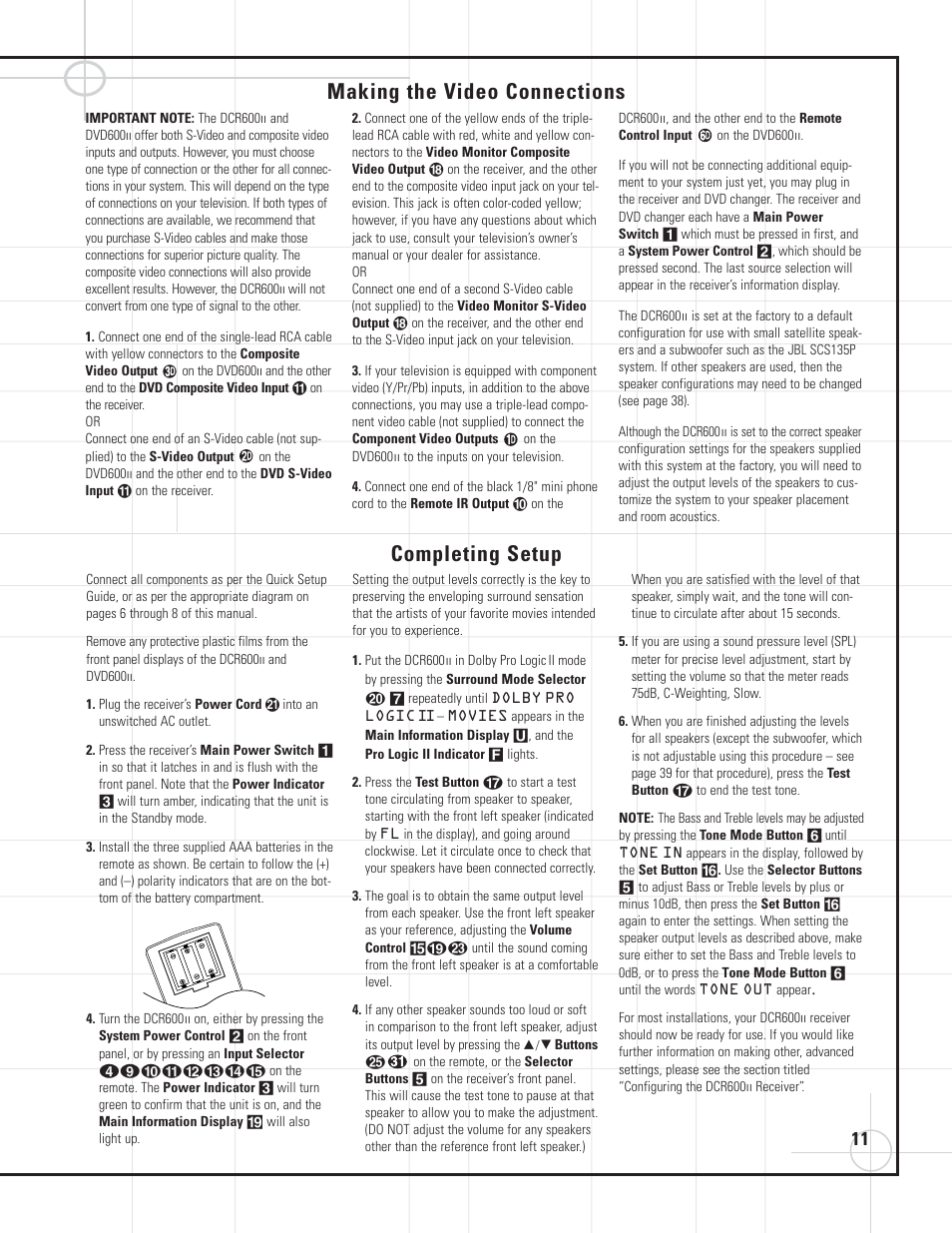 Making the video connections, Completing setup | JBL DVD600II User Manual | Page 11 / 72