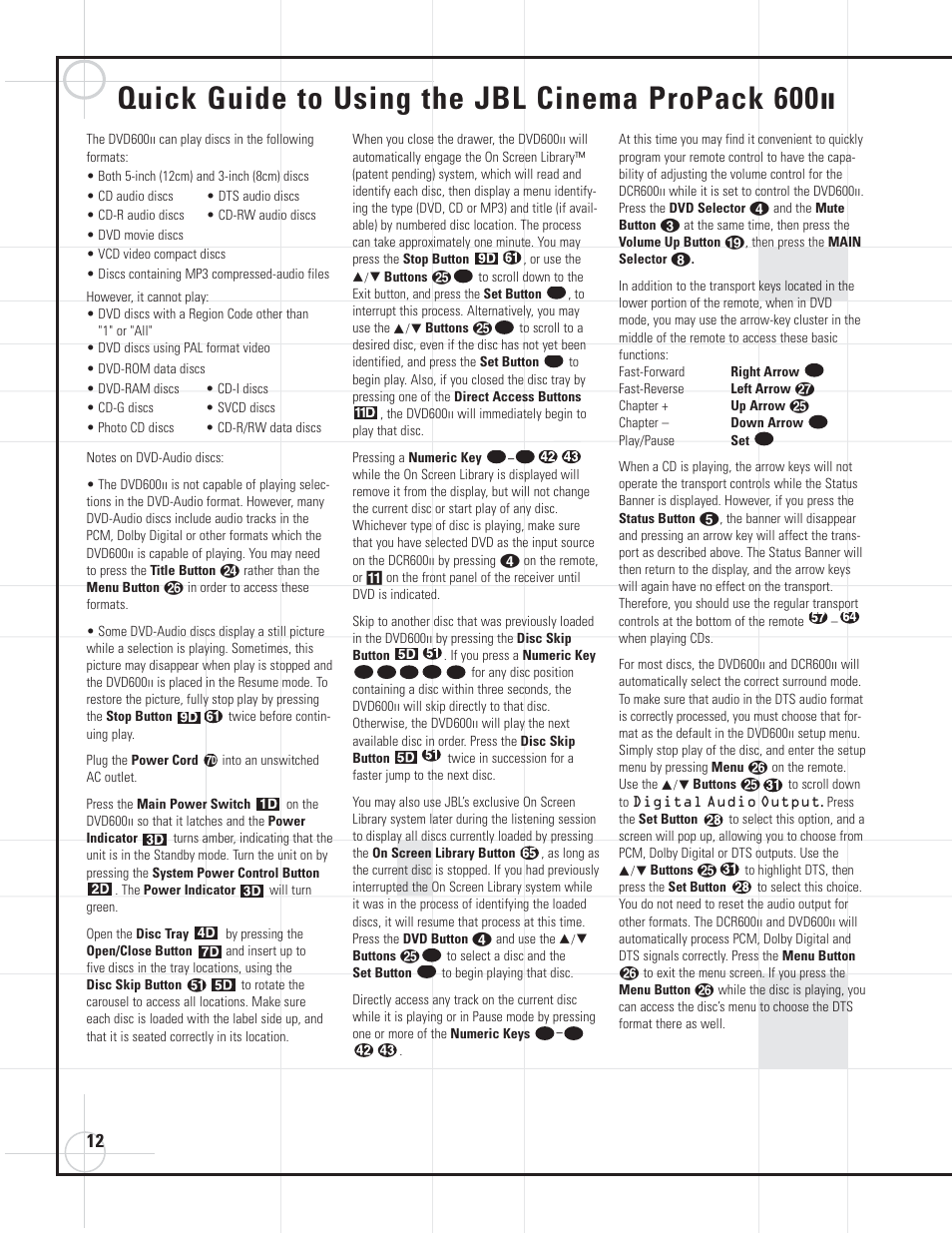 Quick guide to using the jbl cinema propack 600 | JBL DVD600II User Manual | Page 12 / 72
