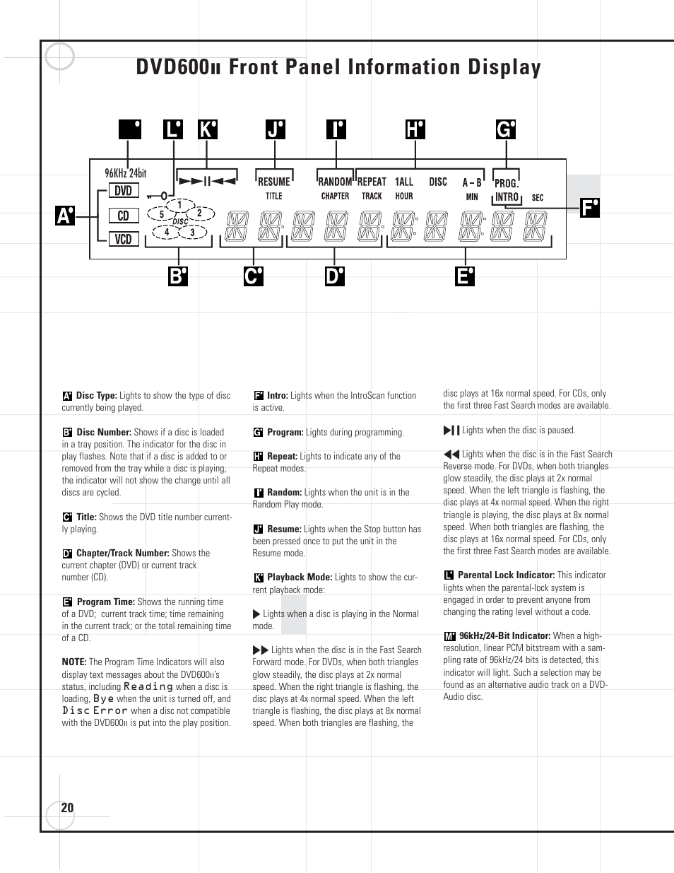 Dvd600, Front panel information display | JBL DVD600II User Manual | Page 20 / 72