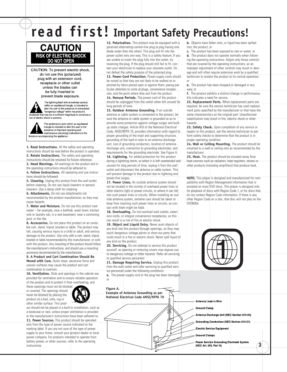 Important safety precautions | JBL DVD600II User Manual | Page 3 / 72