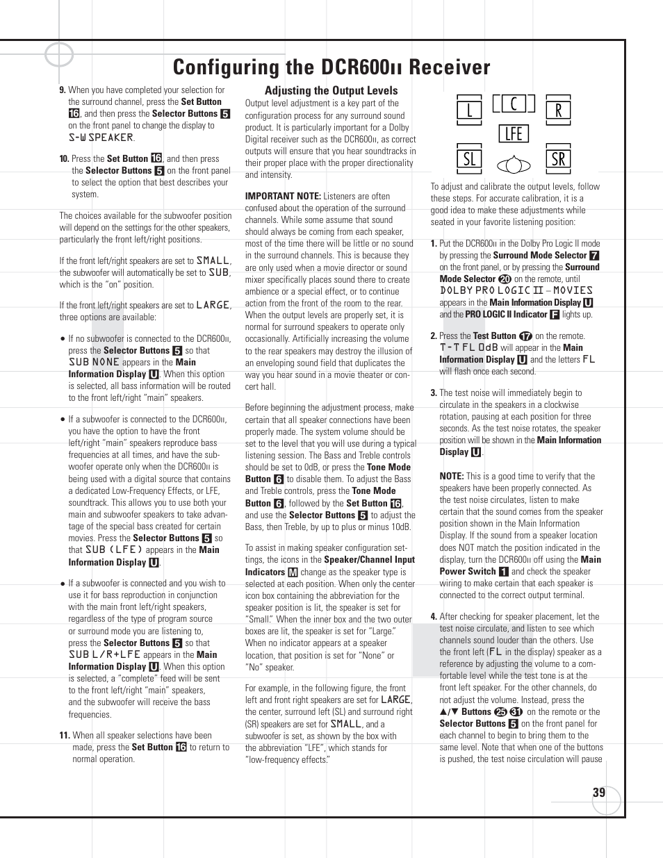 Configuring the dcr600, Receiver | JBL DVD600II User Manual | Page 39 / 72