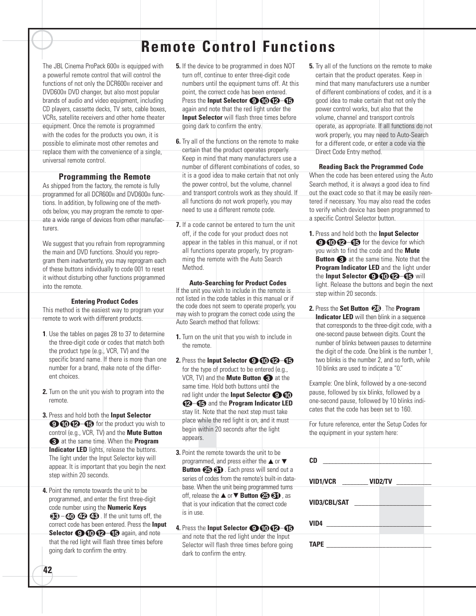 Remote control functions | JBL DVD600II User Manual | Page 42 / 72