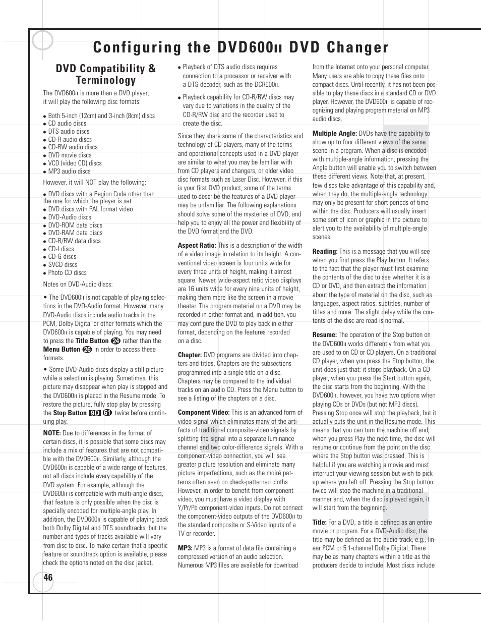 Configuring the dvd600, Dvd changer, Dvd compatibility & terminology | JBL DVD600II User Manual | Page 46 / 72