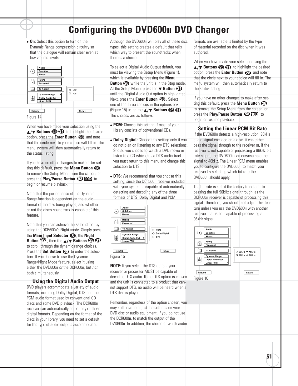 Configuring the dvd600, Dvd changer, Using the digital audio output | Setting the linear pcm bit rate | JBL DVD600II User Manual | Page 51 / 72