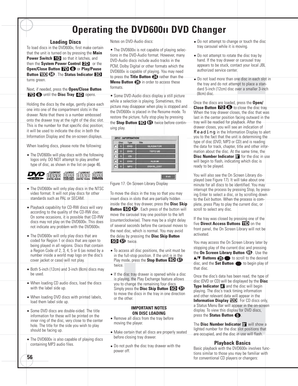 Operating the dvd600, Dvd changer | JBL DVD600II User Manual | Page 56 / 72