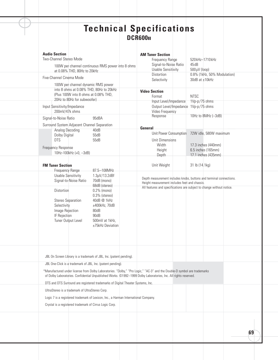 Technical specifications, Dcr600 | JBL DVD600II User Manual | Page 69 / 72